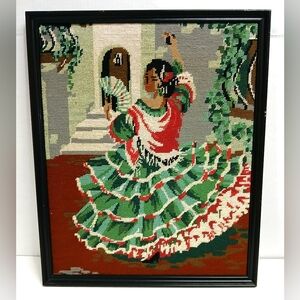Vintage Framed Colorful Flamenco Dancer Needlepoint
